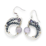 Amethyst, purple fresh water pearl, and pyrite gemstones embellish a sterling silver small earrings with gold filled wire