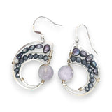 Amethyst, purple fresh water pearl, and pyrite gemstones embellish a sterling silver small earrings with gold filled wire