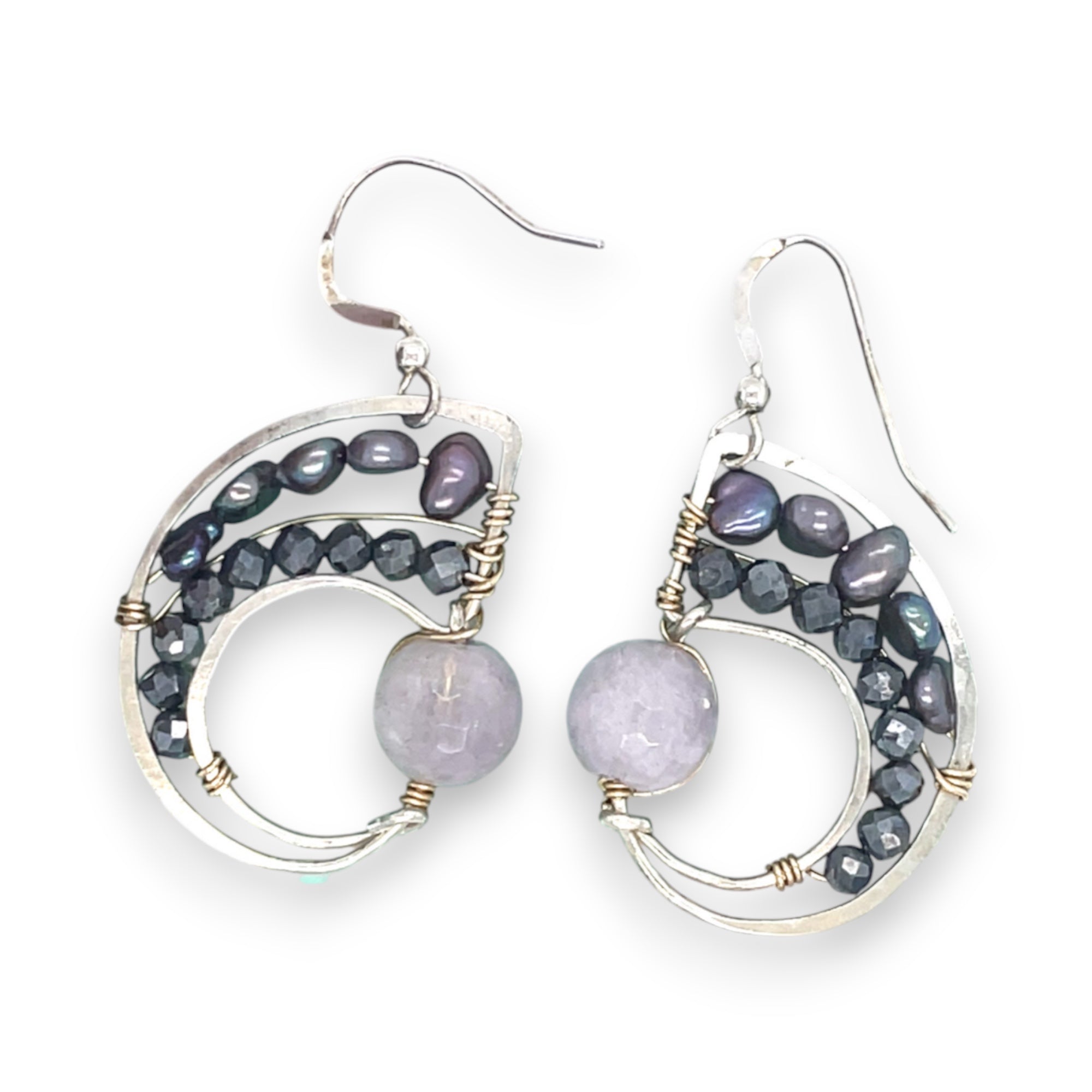 Amethyst, purple fresh water pearl, and pyrite gemstones embellish a sterling silver small earrings with gold filled wire