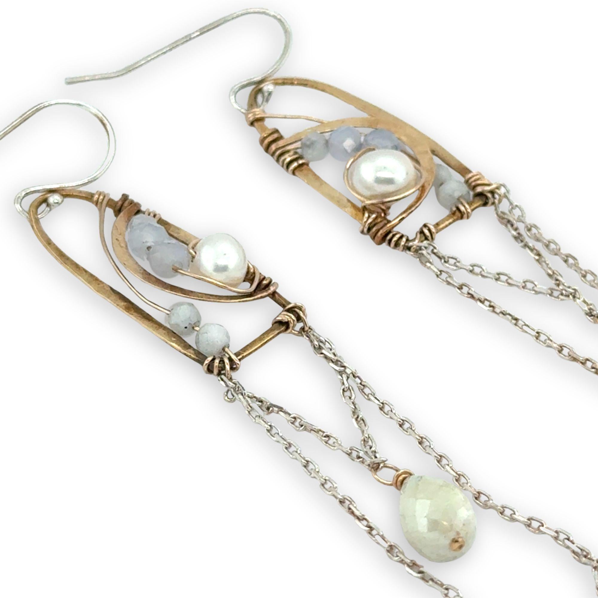 Brass mini hammered arches and dainty sterling silver chain chandelier earrings with fresh water pearl and blue lace agate gemstones and a white sapphire drop gemstone dangle