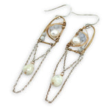 Brass mini hammered arches and dainty sterling silver chain chandelier earrings with fresh water pearl and blue lace agate gemstones and a white sapphire drop gemstone dangle