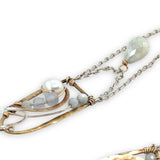 Brass mini hammered arches and dainty sterling silver chain chandelier earrings with fresh water pearl and blue lace agate gemstones and a white sapphire drop gemstone dangle