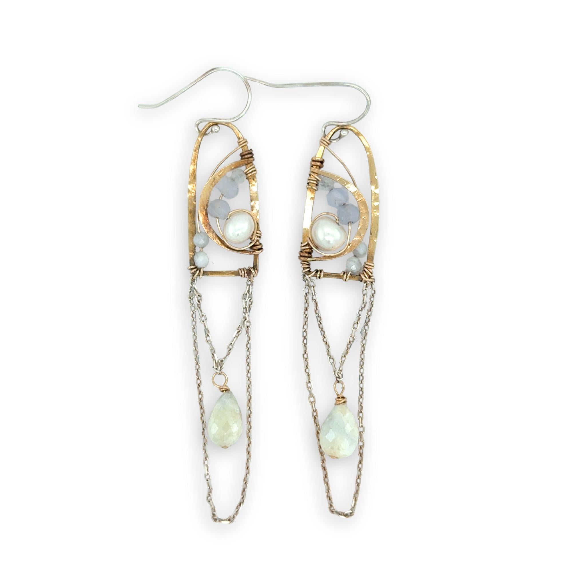 Brass mini hammered arches and dainty sterling silver chain chandelier earrings with fresh water pearl and blue lace agate gemstones and a white sapphire drop gemstone dangle