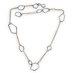 darkened sterling silver hammered geometric shapes held within gold filled delicate doubled up chain necklace