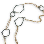 darkened sterling silver hammered geometric shapes held within gold filled delicate doubled up chain necklace