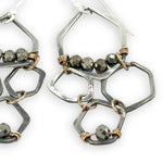Oxidized sterling silver honeycomb shaped earrings with gold filled and pyrite accents