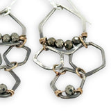 Oxidized sterling silver honeycomb shaped earrings with gold filled and pyrite accents
