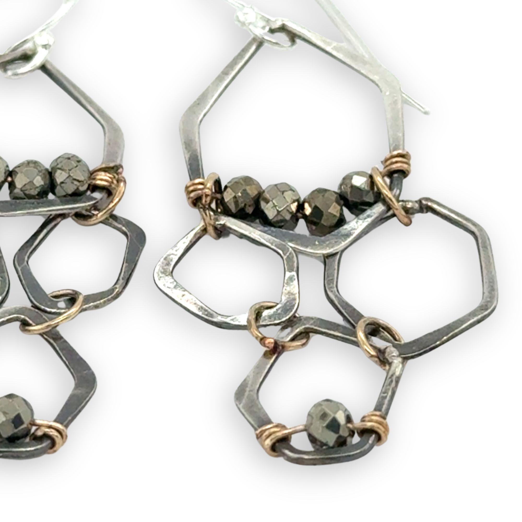 Oxidized sterling silver honeycomb shaped earrings with gold filled and pyrite accents