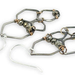 Oxidized sterling silver honeycomb shaped earrings with gold filled and pyrite accents