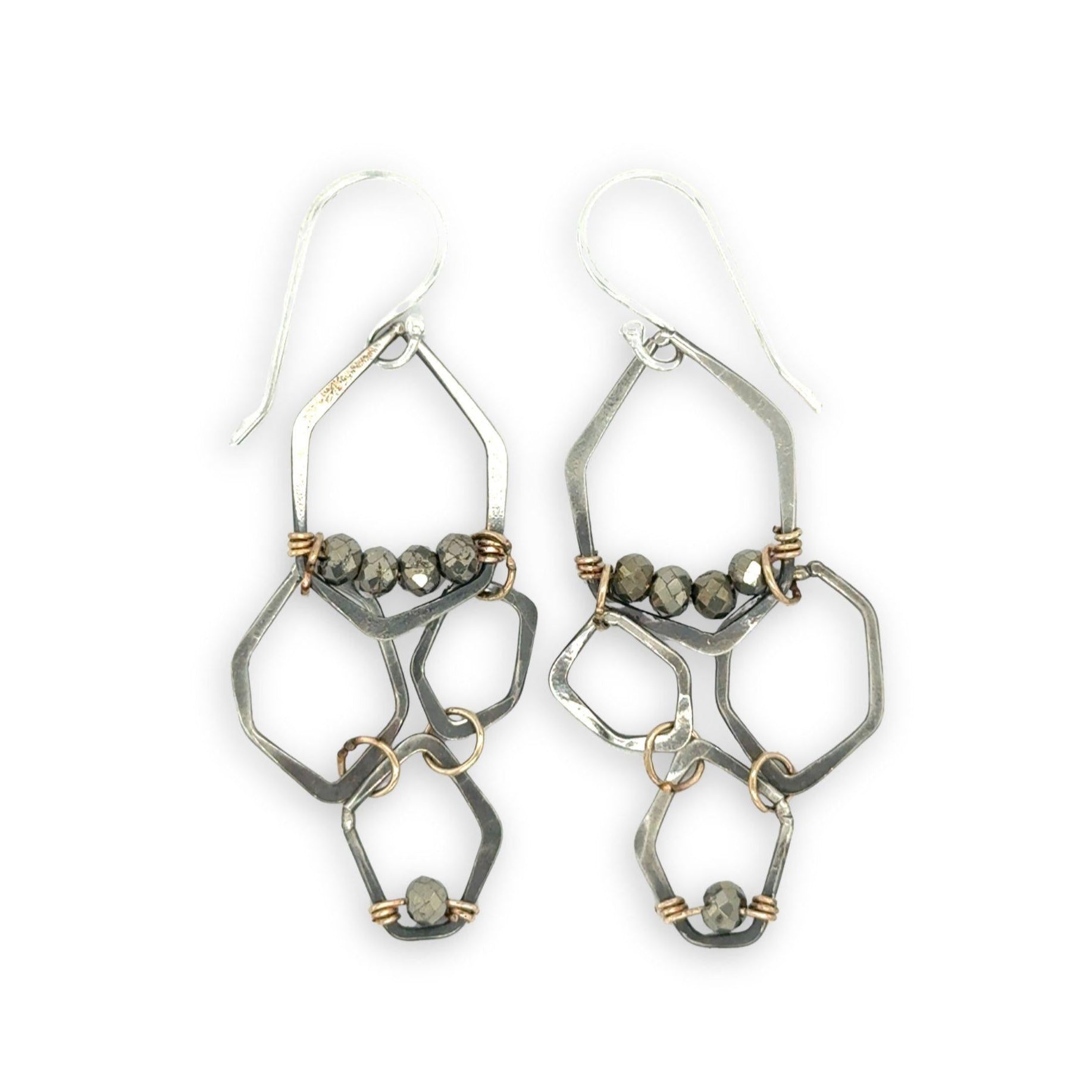 Oxidized sterling silver honeycomb shaped earrings with gold filled and pyrite accents