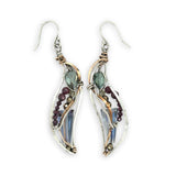 Crystal, garnet, and pyrite gemstones decorate sterling silver wing earrings with bronze accents