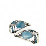 oxidized sterling silver semi circle earrings featuring smooth larimar ovals and apatite gemstones with built in earring hooks that wear like a post earring