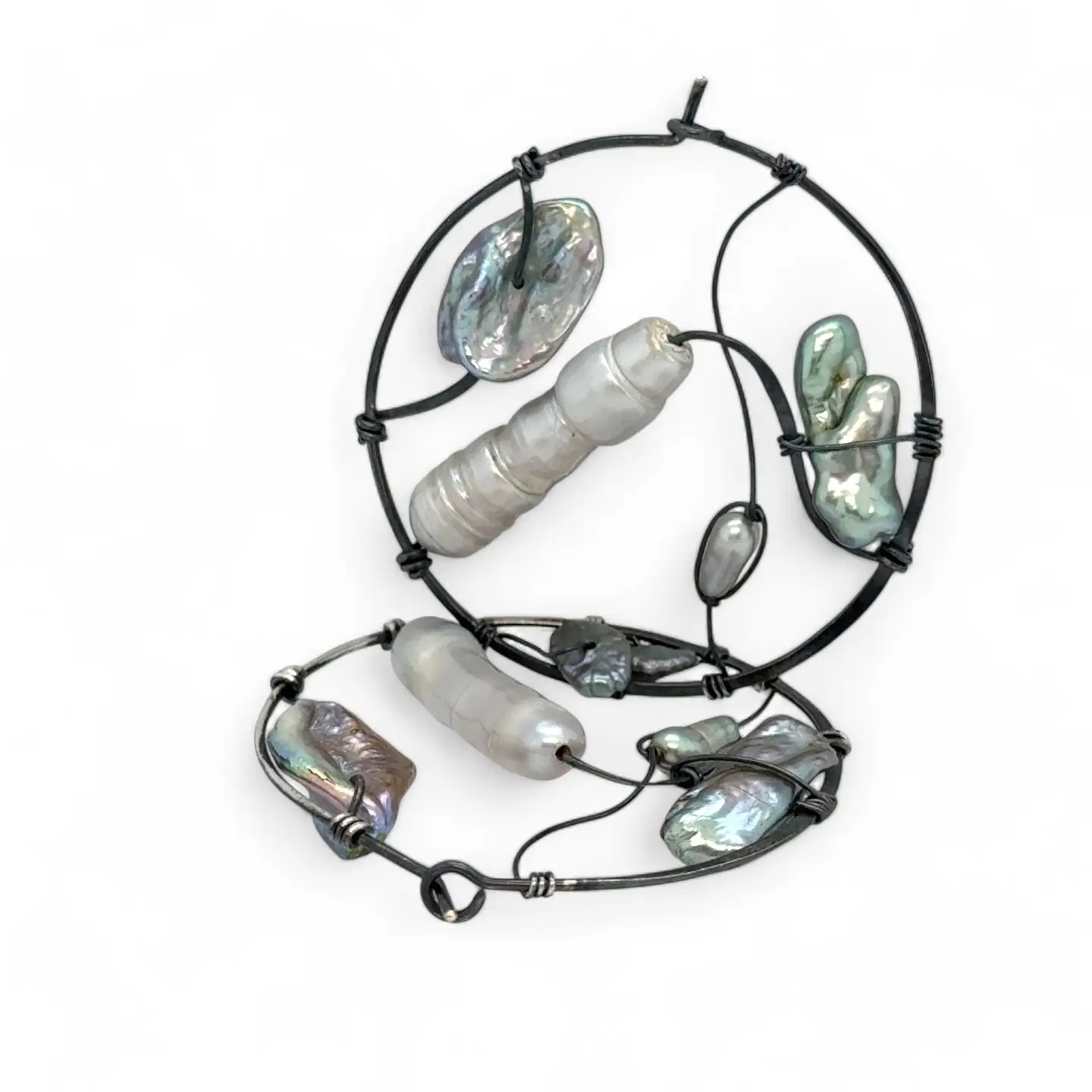 White stick pearl and blue silver fresh water pearl variety embellish oxidized sterling silver handmade hammered hoop earrings