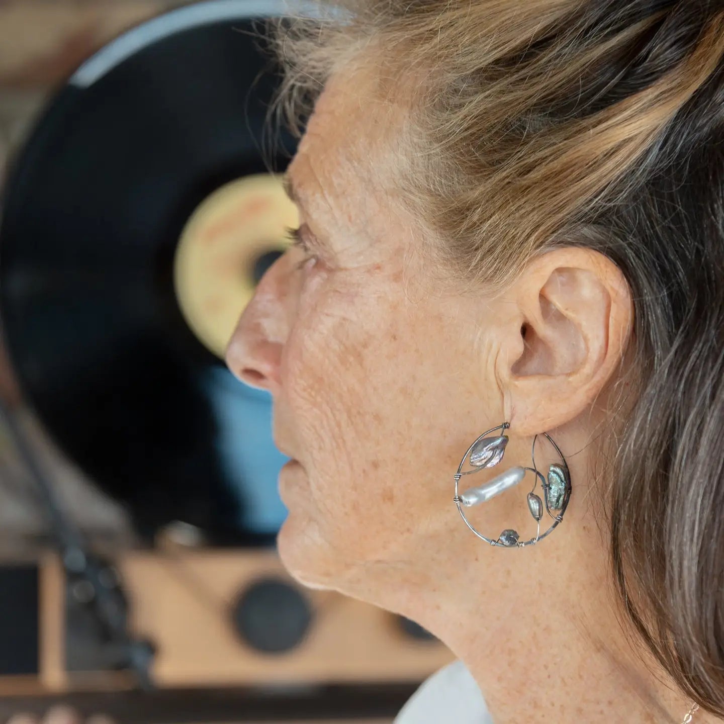 White stick pearl and blue silver fresh water pearl variety embellish oxidized sterling silver handmade hammered hoop earrings