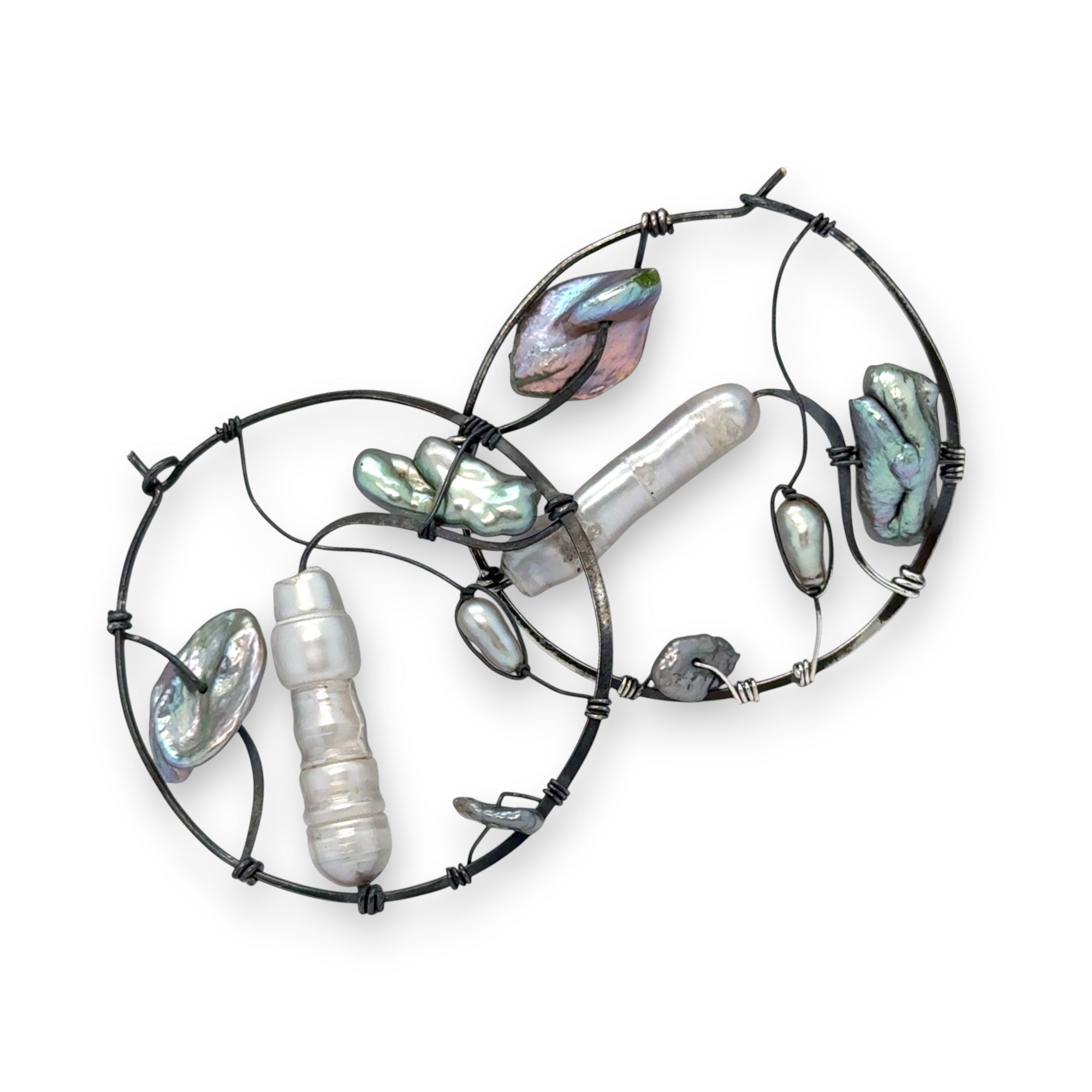 White stick pearl and blue silver fresh water pearl variety embellish oxidized sterling silver handmade hammered hoop earrings