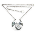 Raw quartz nugget and silver blue fresh water pearl variety embellished an oxidized sterling silver hoop necklace on a dainty chain necklace