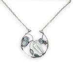 Raw quartz nugget and silver blue fresh water pearl variety embellished an oxidized sterling silver hoop necklace on a dainty chain necklace