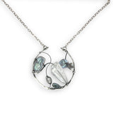 Raw quartz nugget and silver blue fresh water pearl variety embellished an oxidized sterling silver hoop necklace on a dainty chain necklace