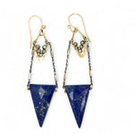 Faceted lapis triangles hang from oxidized and gold dot chain hanging from brass mini diamonds lined with pyrite earrings