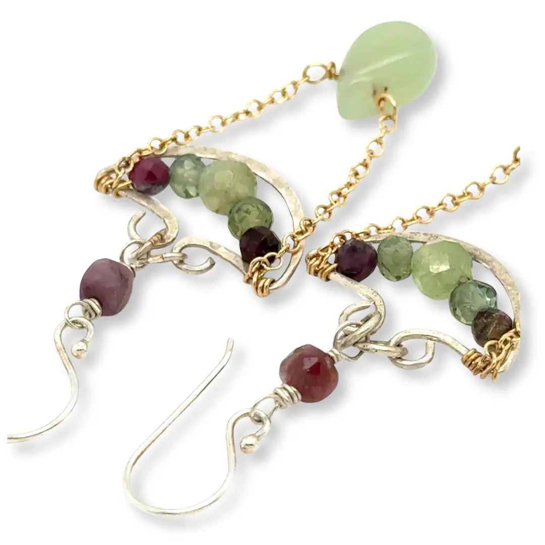 sterling silver anchor shaped earrings filled with green kyanite and tourmaline gemstones with gold filled chain connected to a jade drop 