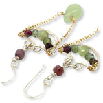 sterling silver anchor shaped earrings filled with green kyanite and tourmaline gemstones with gold filled chain connected to a jade drop 