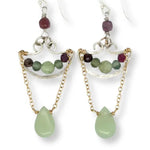 sterling silver anchor shaped earrings filled with green kyanite and tourmaline gemstones with gold filled chain connected to a jade drop 
