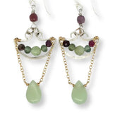 sterling silver anchor shaped earrings filled with green kyanite and tourmaline gemstones with gold filled chain connected to a jade drop 