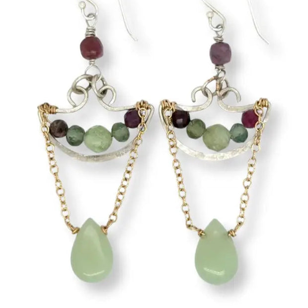 sterling silver anchor shaped earrings filled with green kyanite and tourmaline gemstones with gold filled chain connected to a jade drop 