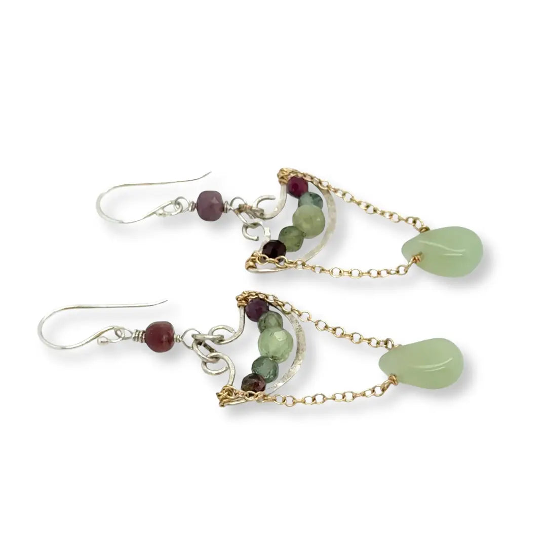 sterling silver anchor shaped earrings filled with green kyanite and tourmaline gemstones with gold filled chain connected to a jade drop 