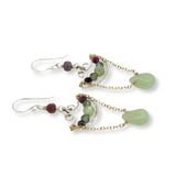 sterling silver anchor shaped earrings filled with green kyanite and tourmaline gemstones with gold filled chain connected to a jade drop 