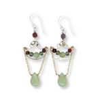sterling silver anchor shaped earrings filled with green kyanite and tourmaline gemstones with gold filled chain connected to a jade drop 