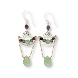 sterling silver anchor shaped earrings filled with green kyanite and tourmaline gemstones with gold filled chain connected to a jade drop 
