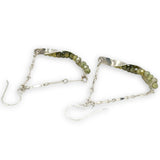 Floral stamped sterling silver hammered twisted bars lined with ombre green cubic zirconia hanging on sterling bar chain swinging earrings