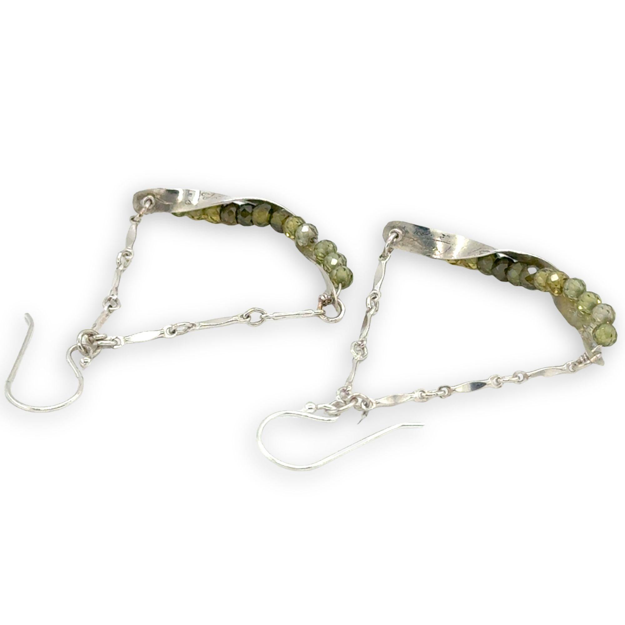 Floral stamped sterling silver hammered twisted bars lined with ombre green cubic zirconia hanging on sterling bar chain swinging earrings