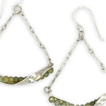 Floral stamped sterling silver hammered twisted bars lined with ombre green cubic zirconia hanging on sterling bar chain swinging earrings