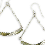 Floral stamped sterling silver hammered twisted bars lined with ombre green cubic zirconia hanging on sterling bar chain swinging earrings