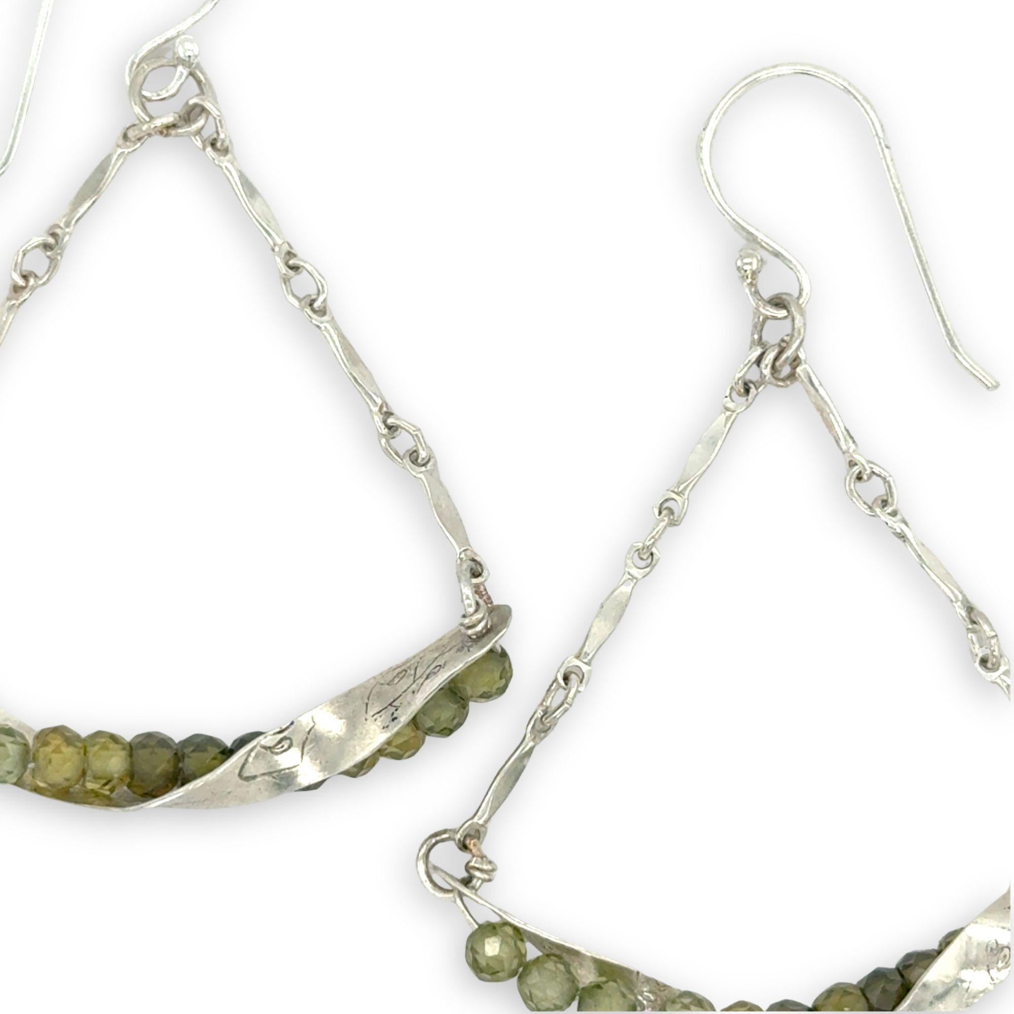 Floral stamped sterling silver hammered twisted bars lined with ombre green cubic zirconia hanging on sterling bar chain swinging earrings