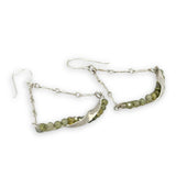 Floral stamped sterling silver hammered twisted bars lined with ombre green cubic zirconia hanging on sterling bar chain swinging earrings