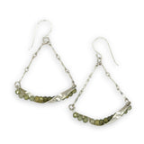 Floral stamped sterling silver hammered twisted bars lined with ombre green cubic zirconia hanging on sterling bar chain swinging earrings