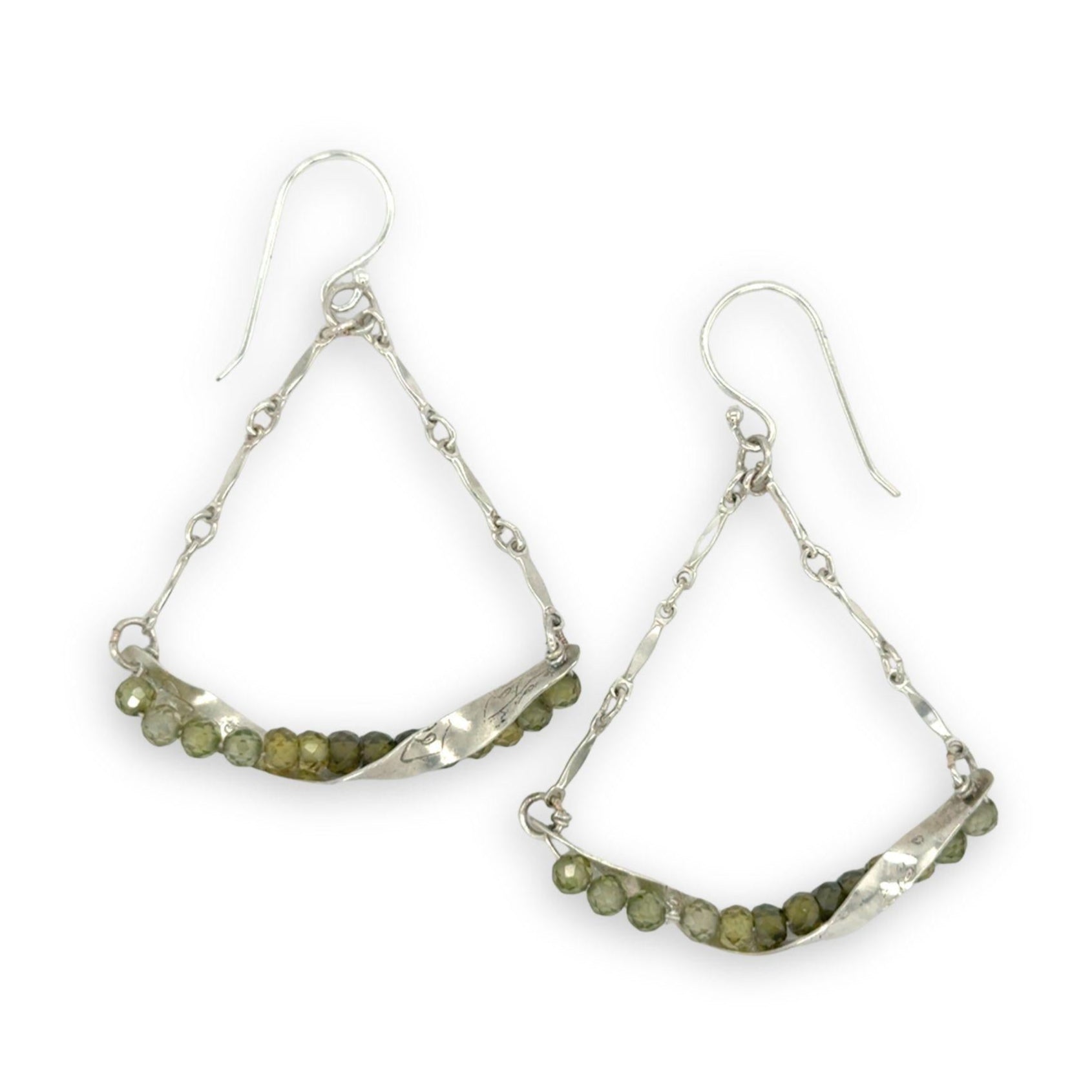 Floral stamped sterling silver hammered twisted bars lined with ombre green cubic zirconia hanging on sterling bar chain swinging earrings
