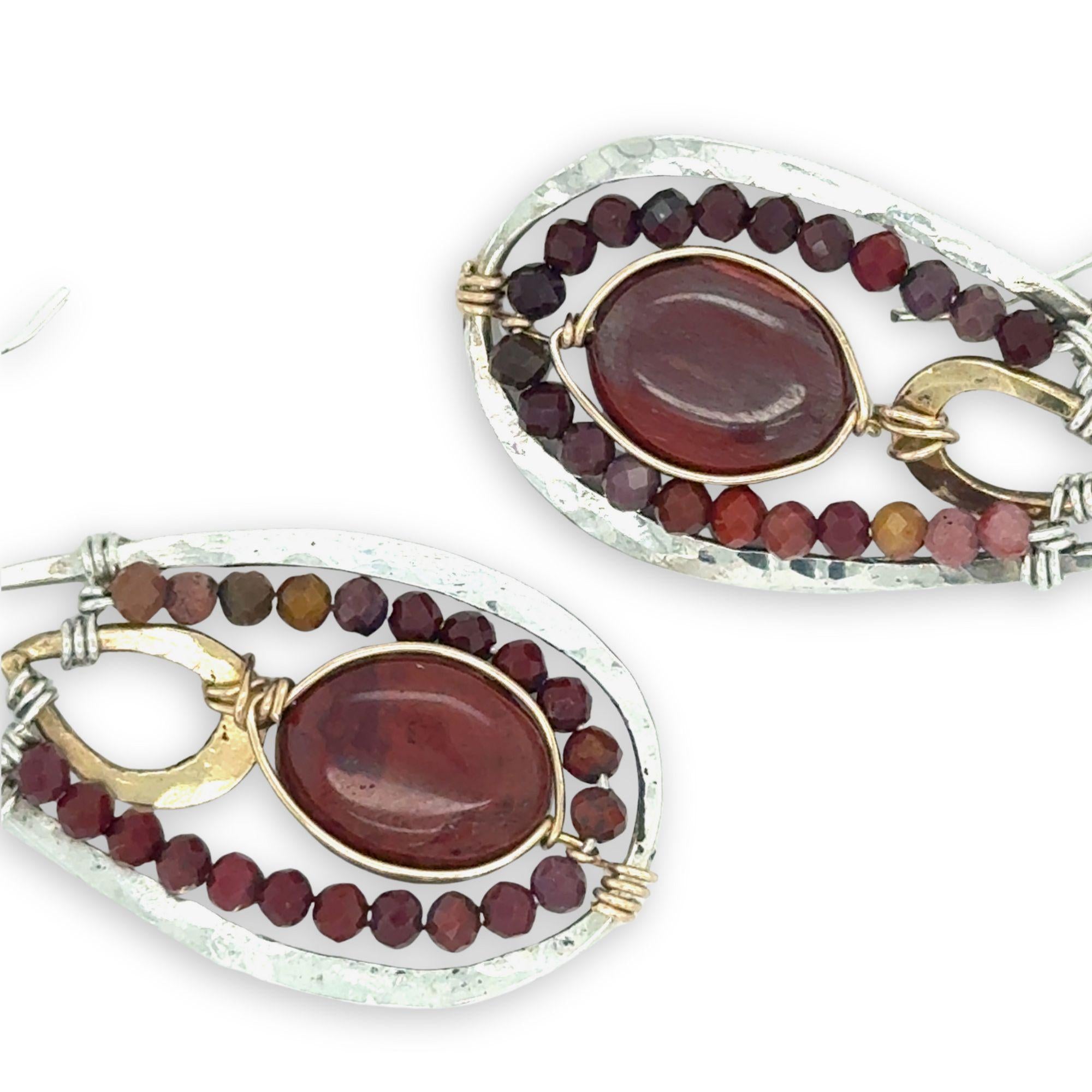 Mini gold filled hammered teardrops inside larger sterling silver teardrop earrings with red jasper ovals and mookaite jasper mini gemstones