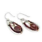 Mini gold filled hammered teardrops inside larger sterling silver teardrop earrings with red jasper ovals and mookaite jasper mini gemstones