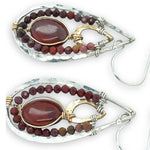 Mini gold filled hammered teardrops inside larger sterling silver teardrop earrings with red jasper ovals and mookaite jasper mini gemstones