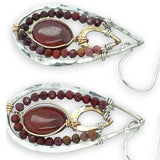 Mini gold filled hammered teardrops inside larger sterling silver teardrop earrings with red jasper ovals and mookaite jasper mini gemstones