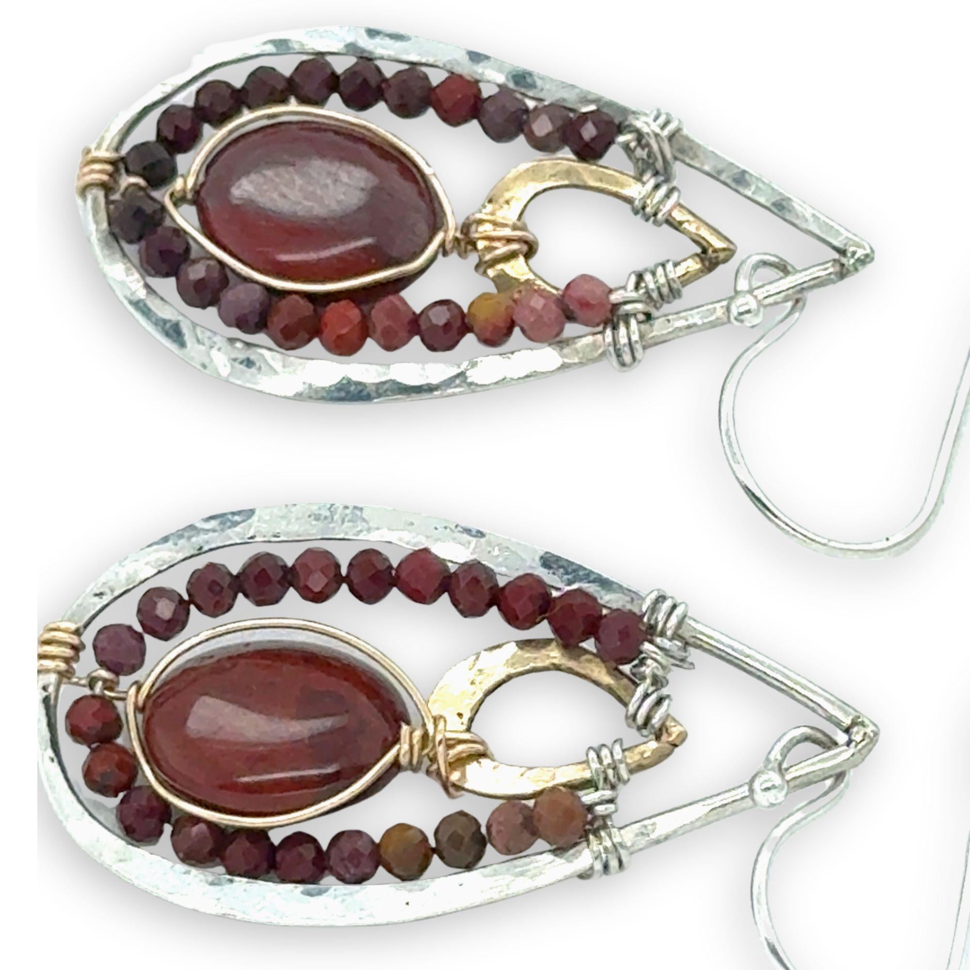 Mini gold filled hammered teardrops inside larger sterling silver teardrop earrings with red jasper ovals and mookaite jasper mini gemstones