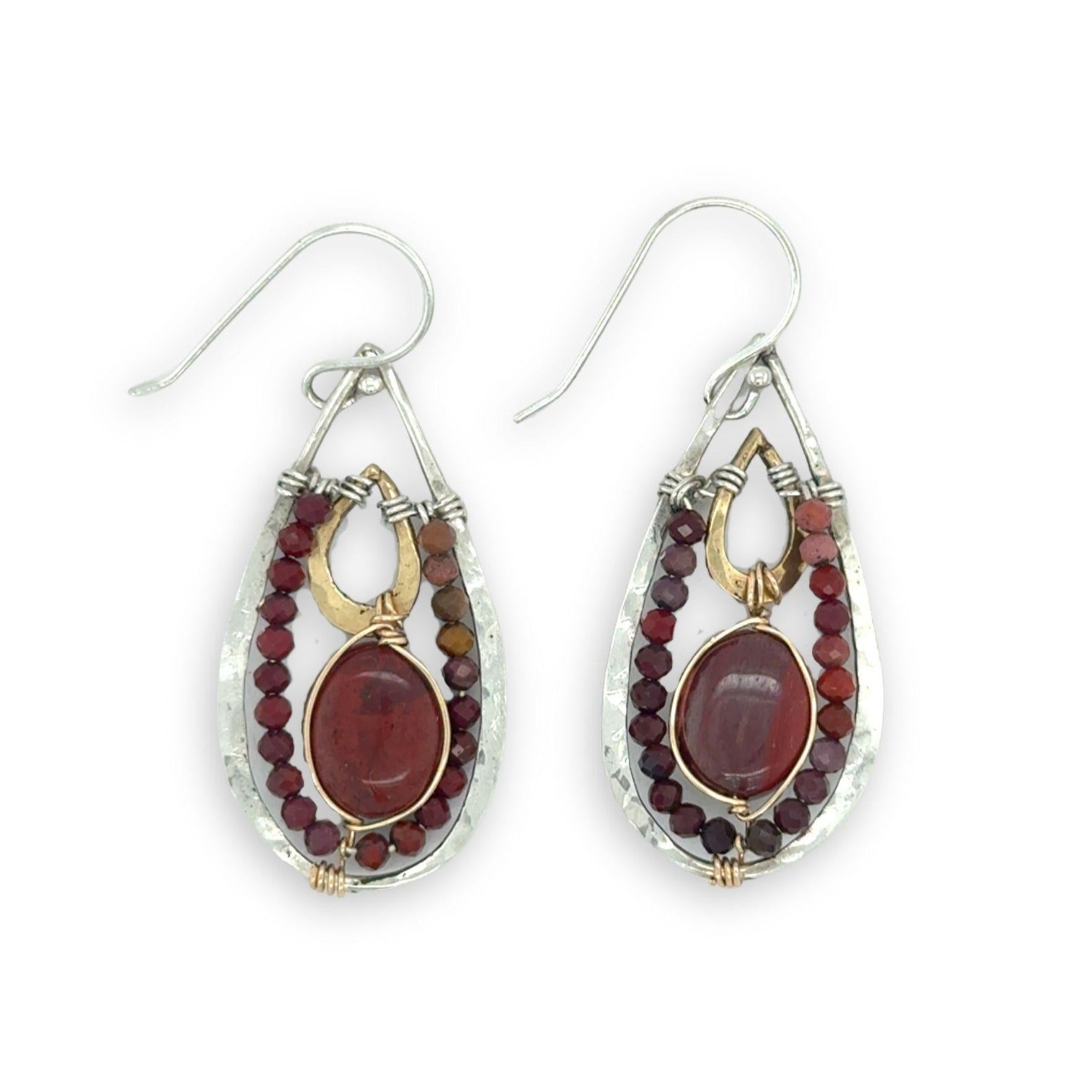 Mini gold filled hammered teardrops inside larger sterling silver teardrop earrings with red jasper ovals and mookaite jasper mini gemstones
