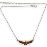 Hammered sterling silver and brass crescent necklace filled with red tiger's eye and mookaite jasper gemstones on a delicate sterling chain