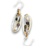 Sterling silver mini oval earrings on a hammered brass strap filled with iolite, silver fresh water pearls, crystal, and black opal gemstones on 14k gold filled wire