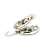 Sterling silver mini oval earrings on a hammered brass strap filled with iolite, silver fresh water pearls, crystal, and black opal gemstones on 14k gold filled wire