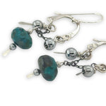 Mini sterling silver arch earrings with darkened sterling chain with chrysocolla and smooth pyrite dangles
